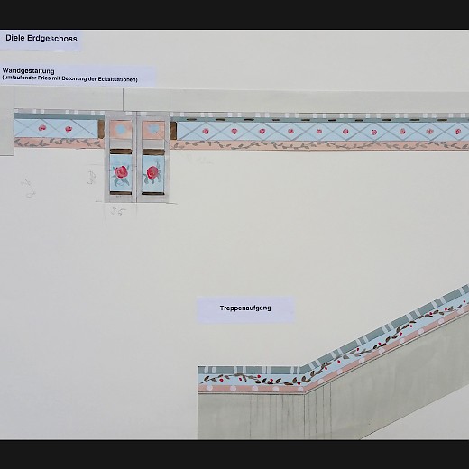 Die Entwürfe der Wandornamente und des Treppenaufgangs im Vestibül