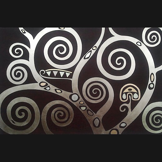 Ausschnitt des Motivs „Lebensbaum“ von Klimt: Verschiedene Blattgoldtönungen auf Mahagoni